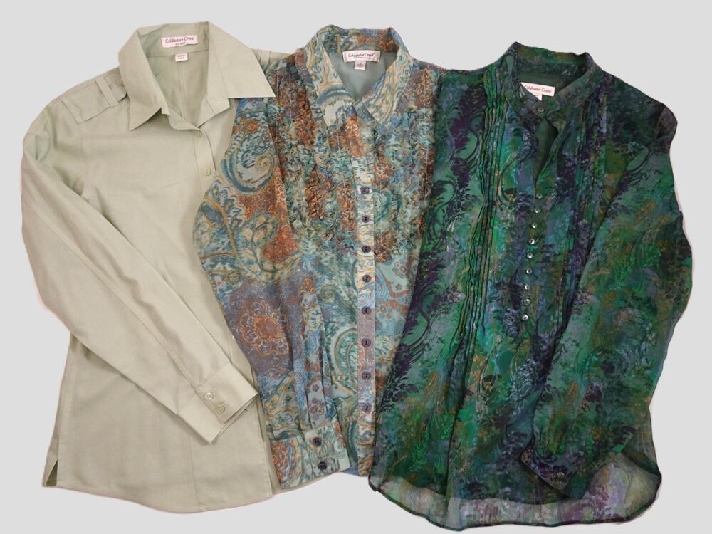Lot 3 Coldwater Creek Blouses Small No Iron Sheer Green Purple Floral L/S Shirt